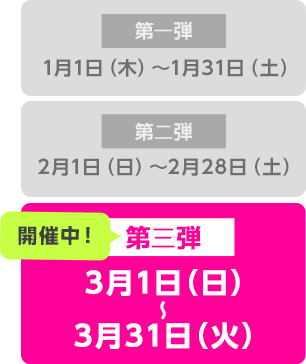 キャンペーン日程　第3弾開催中！ 2015年3月1日（日）～3月31日（火）